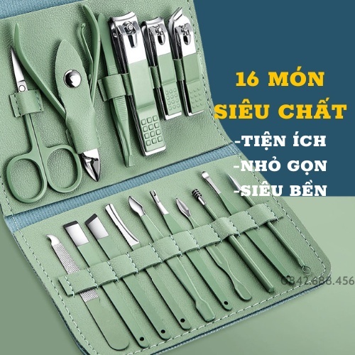 BỘ DỤNG CỤ CẮT MÓNG TAY CHÂN 16 MÓN THÉP KHÔNG GỈ ĐA NĂNG, HỘP DA PU CHĂM SÓC TẠI NHÀ, AN TOÀN VỆ SINH