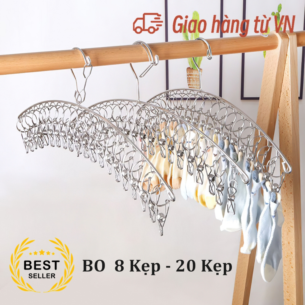 MÓC INOX TREO QUẦN ÁO EM BÉ, KHĂN TAY, TẤT VỚ, ĐỒ LÓT - CHỐNG RƠI NGOÀI GIÓ - 8/20 KẸP